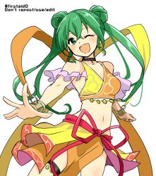 Rule 34 | 1girl, ;d, bare shoulders, black choker, choker, cowboy shot, double bun, earrings, fire emblem, fire emblem: genealogy of the holy war, green eyes, green hair, hair between eyes, hair bun, jewelry, looking at viewer, midriff, navel, nintendo, one eye closed, open mouth, ribbon, silvia (fire emblem), smile, solo, twintails, twitter username, white background, yukia (firstaid0)
