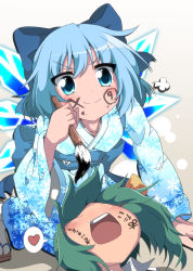 Rule 34 | &gt;:), 2girls, backlighting, blue eyes, blue hair, blush, bow, calligraphy brush, circled 9, cirno, daiyousei, do (4-rt), doyagao, drawing on another&#039;s face, green hair, hair bow, heart, highres, ice, ice wings, japanese clothes, kimono, lap pillow, looking up, multiple girls, no eyes, obi, paintbrush, puff of air, sandals, sash, shadow, short hair, side ponytail, sitting, smug, snowflake print, spoken heart, tabi, touhou, translated, v-shaped eyebrows, wariza, wings, zouri