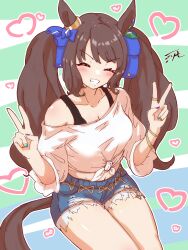 Rule 34 | 1girl, absurdres, animal ears, bare shoulders, blue background, blush, border, brown hair, closed eyes, commentary request, cutoffs, double v, ear ornament, facing viewer, heart, highres, horse ears, horse girl, jimo jimon, long hair, long sleeves, multicolored nails, official alternate costume, open mouth, shirt, simple background, single bare shoulder, sitting, smile, solo, tied shirt, tosen jordan (umamusume), twintails, umamusume, upper body, v, white border, white shirt