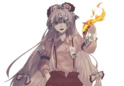 Rule 34 | 1girl, arm garter, baggy pants, beige shirt, blunt bangs, blurry, blurry background, bow, bright pupils, burning, buttons, collared shirt, commentary request, cowboy shot, fire, fire, flaming hand, floating hair, frilled shirt collar, frills, fujiwara no mokou, grey hair, hair bow, hand in pocket, hand up, highres, hime cut, juliet sleeves, long hair, long sleeves, looking at viewer, masochism, ofuda, ofuda on clothes, open mouth, pants, puffy sleeves, red bow, red eyes, red pants, shirt, sidelocks, simple background, solo, somei ooo, suspenders, teeth, tongue, tongue out, touhou, upper teeth only, very long hair, white background, white bow, white pupils