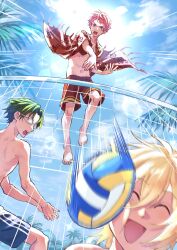 Rule 34 | 3boys, ball, barefoot, beach volleyball, blonde hair, closed eyes, commentary request, ensemble stars!, floral print, glasses, green eyes, grey hair, hair between eyes, hasumi keito, highres, itsuki shu, leaf, male focus, multiple boys, navel, open clothes, open mouth, pink hair, purple eyes, short bangs, short hair, short sleeves, shorts, sideways glance, sky, teeth, tenshouin eichi, topless male, upper teeth only, volleyball, volleyball (object), volleyball net, wednesday 108