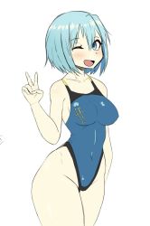 Rule 34 | 1girl, blue eyes, blue hair, blush, breasts, competition swimsuit, covered navel, large breasts, looking at viewer, mahou shoujo madoka magica, miki sayaka, one-piece swimsuit, one eye closed, open mouth, short hair, simple background, smile, solo, swimsuit, v, white background