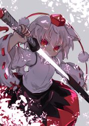 Rule 34 | 1girl, absurdres, animal ear fluff, animal ears, arms at sides, backlighting, black skirt, commentary request, ears down, glowing, glowing sword, glowing weapon, grey background, grey hair, hair between eyes, hands up, hat, highres, holding, holding sword, holding weapon, inubashiri momiji, kibisake, light particles, long sleeves, multicolored clothes, multicolored skirt, orange eyes, outstretched arms, pom pom (clothes), red eyes, red ribbon, red skirt, ribbon, ribbon-trimmed sleeves, ribbon trim, scabbard, sheath, shirt, short hair, simple background, skirt, solo, spread arms, sword, tassel, tokin hat, touhou, unsheathing, weapon, white hair, white shirt, wide sleeves, wolf ears