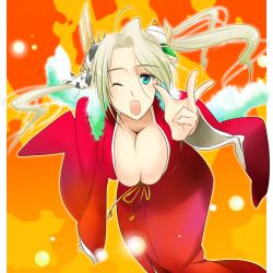 Rule 34 | 1girl, aqua eyes, bad id, bad pixiv id, blonde hair, breasts, bursting breasts, cleavage, cow, fang, hair ornament, japanese clothes, kimono, kimura shiki, large breasts, long hair, mole, one eye closed, smile, solo, wink