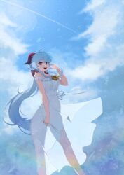 Rule 34 | 1girl, absurdres, ahoge, alternate costume, bare legs, bell, blue hair, blue sky, bow, breasts, breath, cloud, cloudy sky, cold, commentary, contrail, cowbell, day, dress, feet out of frame, frilled dress, frills, ganyu (genshin impact), genshin impact, goat horns, hair bow, hand in own hair, highres, horns, legs apart, lens flare, light blue hair, long hair, looking at viewer, medium breasts, neck bell, off-shoulder dress, off shoulder, open mouth, outdoors, ponytail, purple bow, red eyes, see-through silhouette, sky, sleeveless, sleeveless dress, smile, snowflakes, solo, standing, white dress, wind, wind lift, yzr (yzr99)