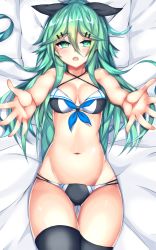 Rule 34 | 10s, 1girl, bed, bikini, black thighhighs, cowboy shot, from above, front-tie bikini top, front-tie top, green hair, hair between eyes, halterneck, highres, kantai collection, long hair, reaching, reaching towards viewer, swimsuit, tagme, thighhighs, very long hair, yamakaze (kancolle)