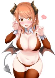 Rule 34 | 1girl, bikini, blush, breasts, brown bikini, brown sleeves, brown thighhighs, claw pose, cleavage, collar, cowboy shot, demon girl, demon horns, demon tail, demon wings, detached collar, detached sleeves, embarrassed, fang, furrowed brow, half updo, hands up, heart, heart tattoo, highres, horns, houjou karen, idolmaster, idolmaster cinderella girls, kibihimi, large breasts, long hair, long sleeves, looking to the side, nail polish, navel, o-ring, o-ring bikini, open mouth, orange hair, pink nails, sideways glance, simple background, solo, spoken blush, stomach, string bikini, swimsuit, tail, tattoo, teeth, thigh gap, thighhighs, tongue, upper teeth only, white background, white collar, wings, yellow eyes