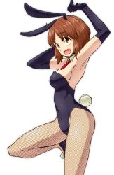 Rule 34 | 10s, 1girl, alternate costume, animal ears, aono3, arms up, ascot, black footwear, black gloves, black leotard, breasts, brown eyes, brown hair, cowboy shot, detached collar, elbow gloves, fake animal ears, fake tail, fishnet pantyhose, fishnets, from side, girls und panzer, gloves, highres, leg up, leotard, looking at viewer, medium breasts, nishizumi miho, open mouth, pantyhose, playboy bunny, rabbit ears, rabbit tail, shoes, short hair, sideboob, simple background, smile, solo, standing, standing on one leg, strapless, strapless leotard, tail, white background