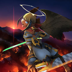 Rule 34 | 1girl, backlighting, blonde hair, claws, dark-skinned female, dark skin, female focus, flying, from behind, gold trim, halo, head wings, highres, kamukamu6392, looking back, monster girl, original, outdoors, pointy ears, scabbard, sheath, solo, sunset, sword, tongue, tongue out, tongue tattoo, weapon, wings