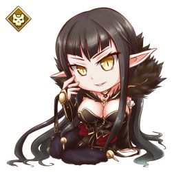 Rule 34 | 1girl, black hair, breasts, brown eyes, chibi, choker, cleavage, detached sleeves, dress, fate/apocrypha, fate/grand order, fate (series), frills, fur, open mouth, pointy ears, semiramis (fate), solo, very long hair
