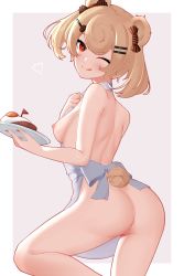 Rule 34 | 1girl, ;q, absurdres, animal ears, apron, arknights, ass, bare arms, bare shoulders, bear ears, bear tail, blonde hair, blush, breasts, candy hair ornament, cleft of venus, commentary, cowboy shot, eyelashes, food-themed hair ornament, from behind, from side, grey background, gummy (arknights), hair ornament, hairclip, hand up, head tilt, highres, holding, holding plate, looking at viewer, looking back, naked apron, nipples, one eye closed, plate, pussy, red eyes, short hair, shoulder blades, small breasts, smile, solo, standing, tail, thighs, tongue, tongue out, uncensored, z.taiga