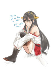 Rule 34 | 10s, 1girl, :t, bare shoulders, black footwear, black hair, blush, boots, crying, crying with eyes open, detached sleeves, english text, full body, hairband, haruna (kancolle), highres, kantai collection, knees together feet apart, legs together, long hair, long sleeves, nontraditional miko, red skirt, sad, shinmurajun, simple background, skirt, solo, tears, text focus, thigh boots, thighhighs, wavy mouth, white background