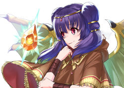 Rule 34 | 1girl, bead necklace, beads, bloom, bracelet, brown capelet, capelet, circlet, closed mouth, crystal, dragon girl, dragon wings, dragonstone, female focus, fire emblem, fire emblem: the sacred stones, fire emblem heroes, fringe trim, gem, glowing, gold trim, green wings, hair ornament, hair tie, hand to own mouth, hand up, highres, holding own arm, hood, jewelry, light particles, light smile, long hair, looking away, multi-tied hair, myrrh (fire emblem), necklace, nezumida yonekiti, nintendo, official alternate costume, pale skin, purple hair, red eyes, smile, solo, sparkle, stone, twintails, upper body, veil, white background, wings, wristband, yellow wings