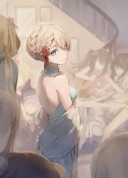 Rule 34 | 6+girls, alternate costume, alternate hairstyle, backless dress, backless outfit, blonde hair, blue dress, blue eyes, blush, braid, braided bangs, breasts, character request, china dress, chinese clothes, closed mouth, dress, earrings, eyeshadow, french braid, from side, g36 (girls&#039; frontline), girls&#039; frontline, hair between eyes, halter dress, halterneck, holding, holding clothes, imoko (imonatsuki), indoors, jewelry, light particles, long hair, looking at viewer, looking back, makeup, multiple girls, shawl, shoulder blades, side braid, smile, solo focus, springfield (girls&#039; frontline), stairs, type 95 (girls&#039; frontline), type 97 (girls&#039; frontline)