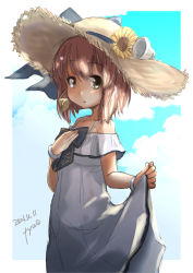 Rule 34 | 1girl, absurdres, blue sky, brown eyes, brown hair, cloud, commentary request, dated, dress, fyuo, hat, highres, kantai collection, looking at viewer, official alternate costume, short hair, skirt hold, sky, solo, speaking tube headset, straw hat, sun hat, sundress, twitter username, white dress, yukikaze (kancolle)