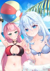 Rule 34 | 2girls, :&gt;, :3, armpits, ball, beach, beachball, bikini, blue eyes, blue sky, breasts, chii aruel, child, choker, cleavage, cloud, flat chest, green eyes, highres, large breasts, long hair, looking at viewer, meyrink, multiple girls, navel, non-web source, ocean, official alternate costume, palm leaf, pink hair, scrunchie, selfie, sky, smug, soulworker, stella unibell, swimsuit, v, white hair