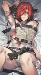 Rule 34 | 1girl, a.b.a, absurdres, bandages, bed, bed sheet, blood, blue eyes, breasts, cleavage, guilty gear, guilty gear xx, hair over one eye, highres, key in head, looking at viewer, medium breasts, murata tefu, object through head, pale skin, red hair, solo