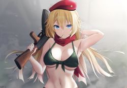 Rule 34 | 1girl, ak-47, ak-47 (girls&#039; frontline), arm up, armpits, assault rifle, bare arms, bare shoulders, beret, bikini, blonde hair, blue eyes, breasts, cigarette, cleavage, front-tie bikini top, front-tie top, girls&#039; frontline, green bikini, gun, hat, highres, holding, holding gun, holding weapon, kalashnikov rifle, keenh, large breasts, long hair, looking at viewer, mouth hold, navel, over shoulder, red hat, rifle, scarf, solo, stomach, swimsuit, upper body, weapon, weapon over shoulder