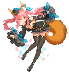 Rule 34 | 10s, 1girl, animal ears, arms at sides, bad id, bad pixiv id, black dress, black thighhighs, blush, bow, breasts, cleavage, cross-laced clothes, detached sleeves, dress, ears through headwear, fate/extra, fate/extra ccc, fate (series), fox ears, fox tail, gothic lolita, hair bow, hair ornament, halterneck, hat, large breasts, leaning forward, lolita fashion, looking at viewer, official alternate costume, open mouth, pink hair, shiosoda, sidelocks, solo, standing, tail, tamamo (fate), tamamo no mae (fate/extra), tamamo no mae (sable mage) (fate), thigh gap, thighhighs, top hat, white background, wide sleeves, yellow eyes, zettai ryouiki