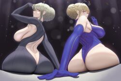 Rule 34 | 2girls, ahoge, artoria pendragon (fate), artoria pendragon (lancer) (fate), artoria pendragon (lancer alter) (fate), ass, back cutout, bare shoulders, blonde hair, blue eyes, blue gloves, blue leotard, breasts, butt crack, clothing cutout, dual persona, elbow gloves, fate/grand order, fate (series), female focus, from behind, gloves, hair bun, highres, large breasts, leotard, multiple girls, nmi, sideboob, sitting, thong, thong leotard, yellow eyes