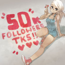Rule 34 | 1girl, between fingers, blush stickers, breasts, chalk, commentary, converse, dark-skinned female, dark skin, denim, english commentary, full body, grey eyes, highres, holding, light brown hair, long legs, low ponytail, milestone celebration, on ground, original, overalls, red footwear, shoes, shorts, small breasts, smile, sneakers, solo, street writing, striped, thank you, xaxaxa