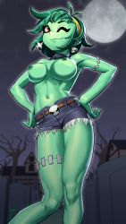 Rule 34 | 1girl, absurdres, blue shorts, breasts, earrings, graveyard, green hair, hairband, headband, highres, jewelry, looking at viewer, lyoung0j, midriff, navel, night, nipples, open mouth, red eyes, rottytops, shantae (series), short hair, shorts, skull earrings, solo, standing, thick thighs, thighs, yellow hairband, zombie