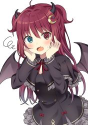 Rule 34 | 1girl, @ @, ahoge, black dress, blue eyes, blush, bow, brown wings, capelet, commentary request, cowboy shot, crescent, crescent hair ornament, demon girl, demon horns, demon wings, dress, fang, frilled dress, frills, hair ornament, hands on own face, hands up, heterochromia, highres, horns, long hair, long sleeves, nijisanji, open mouth, red bow, red eyes, red hair, simple background, skin fang, squiggle, sweat, two side up, virtual youtuber, white background, wings, yuusa, yuzuki roa