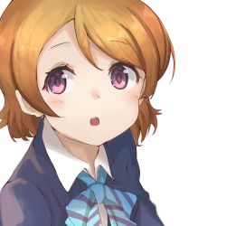 Rule 34 | 10s, 1girl, :o, bad id, bad pixiv id, blonde hair, blue bow, blue bowtie, blush, bow, bowtie, brown hair, close-up, collared shirt, denim, highres, jeans, koizumi hanayo, looking at viewer, love live!, love live! school idol project, open mouth, pants, purple eyes, ranf, round teeth, shirt, short hair, simple background, solo, tareme, teeth, upper body, white background, white shirt