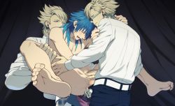 Rule 34 | 10s, 3boys, anal, barefoot, belt, blonde hair, blue hair, censored, clothed male nude male, clothed on nude, double anal, double insertion, double penetration, dramatical murder, feet, glasses, group sex, holding legs, male focus, male penetrated, mmm threesome, multiple anal, multiple boys, multiple insertions, multiple penetration, nude, pants, penis, plaid, plaid pants, saliva, seragaki aoba, sex, spread legs, suspenders, tears, threesome, toe scrunch, toes, trip (dramatical murder), virus (dramatical murder), yaoi