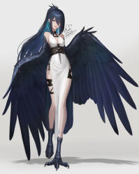 Rule 34 | 1girl, absurdres, bare shoulders, bird legs, bird tail, black feathers, black hair, black wings, blue eyes, blue hair, breasts, cleavage, colored inner hair, commentary, dress, english commentary, feathered wings, feathers, gradient hair, hair over one eye, harpy, highres, ikasamahideo, lips, long hair, looking at viewer, medium breasts, monster girl, multicolored hair, original, ponytail, sidelocks, simple background, sleeveless, sleeveless dress, standing, standing on one leg, tail, talons, white background, white dress, winged arms, wings