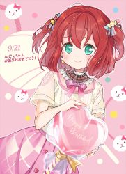 Rule 34 | 1girl, absurdres, blush, buttons, candy, candy hair ornament, dated, detached collar, earrings, food, food-themed hair ornament, frilled shirt collar, frills, green eyes, hacosumi, hair ornament, hair ribbon, happy birthday, heart button, highres, holding, jewelry, kurosawa ruby, lollipop, love live!, love live! sunshine!!, neck ribbon, red hair, ribbon, short hair, short sleeves, skirt, smile, solo, translation request, two side up