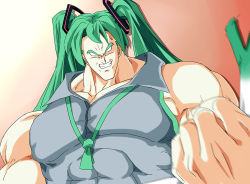 Rule 34 | 1boy, abs, asutora, bare shoulders, blank eyes, blouse, blue shirt, broly (dragon ball z), commentary request, cosplay, crushing, dragon ball, dragonball z, food, fusion, gradient background, green hair, green necktie, grin, hatsune miku, hatsune miku (cosplay), holding, holding food, long hair, looking at viewer, male focus, motion blur, muscular, necktie, parody, red background, shirt, sleeveless, sleeveless shirt, smile, solo, spring onion, twintails, upper body, vocaloid