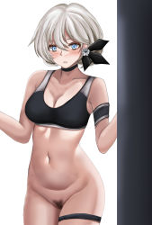 Rule 34 | 1girl, absurdres, alternate costume, apc556 (girls&#039; frontline), black choker, black sports bra, blonde hair, blue eyes, blush, breasts, choker, cleavage, collarbone, feet out of frame, female pubic hair, flower, girls&#039; frontline, gym uniform, hair flower, hair ornament, hamilton vgf, highres, looking at viewer, medium breasts, medium hair, navel, no panties, open mouth, out of frame, parted lips, pubic hair, solo, sports bra, sportswear, standing, stomach, white background