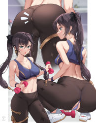 Rule 34 | 1girl, absurdres, accidental exposure, ass, ass focus, bad id, bad pixiv id, black hair, blush, breasts, cameltoe, close-up, collarbone, commentary, cowboy shot, dumbbell, earrings, exercising, flying sweatdrops, from behind, genshin impact, green eyes, hair between eyes, highres, holding, jewelry, long hair, medium breasts, midriff, mona (genshin impact), multiple views, navel, open mouth, pants, sigma 2018, sparkle print, sports bra, squatting, sweat, sweatdrop, thighlet, thong, torn clothes, torn pants, twintails, wardrobe malfunction, weightlifting, weights, wristband, yoga pants