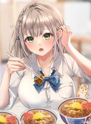 1girl blue_bow blue_bowtie blush bow bowl bowtie braid breasts chopsticks food green_eyes grey_hair hair_between_eyes hair_ornament hairclip highres holding holding_chopsticks hololive large_breasts long_hair looking_at_viewer meat medium_hair omichi_1219 open_mouth shirogane_noel shirt solo striped_bow striped_bowtie striped_clothes virtual_youtuber white_shirt