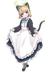Rule 34 | 1girl, animal ear headphones, animal ears, apron, black dress, black footwear, blonde hair, blue archive, blush, cat tail, dress, fake animal ears, frilled apron, frilled dress, frills, full body, green eyes, green halo, halo, headphones, long sleeves, looking at viewer, maid, maid apron, maid headdress, meluwow, midori (blue archive), midori (maid) (blue archive), official alternate costume, open mouth, pantyhose, shoes, short hair, simple background, smile, solo, tail, white apron, white background, white pantyhose