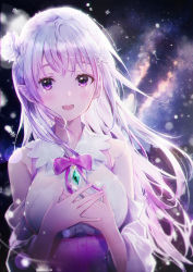 Rule 34 | 1girl, :d, absurdres, bare shoulders, blush, bow, braid, breasts, commentary request, dana (hapong07), detached sleeves, dress shirt, emilia (re:zero), flower, gem, hair flower, hair ornament, hands over breasts, hands up, highres, huge filesize, large breasts, long hair, looking at viewer, night, night sky, open mouth, own hands together, pointy ears, purple eyes, re:zero kara hajimeru isekai seikatsu, shirt, silver hair, sky, sleeveless, smile, snow, solo, tears, teeth, upper body, upper teeth only