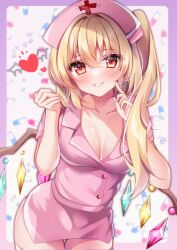 Rule 34 | 1girl, alternate costume, blonde hair, blush, breasts, cleavage, collarbone, commentary request, cowboy shot, cross, crystal, dress, flandre scarlet, hat, heart, highres, long hair, looking at viewer, medium breasts, nurse, nurse cap, pill, pink dress, pink hat, purple background, red cross, red eyes, shirotsuki shirone, solo, thighhighs, touhou, white thighhighs, wings