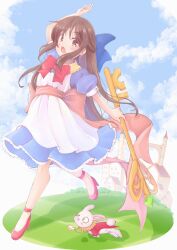 Rule 34 | :o, alice (alice in wonderland), alice (alice in wonderland) (cosplay), alice in wonderland, apron, blue dress, brown eyes, brown hair, cloud, cosplay, dress, dressy alice (idolmaster), highres, idolmaster, idolmaster cinderella girls, idolmaster cinderella girls u149, key, kurumi ill, looking at viewer, mary janes, open mouth, outdoors, pendant watch, pocket watch, red footwear, red ribbon, ribbon, shoes, sky, tachibana arisu, watch, white apron, white rabbit (alice in wonderland), white rabbit (alice in wonderland) (cosplay)