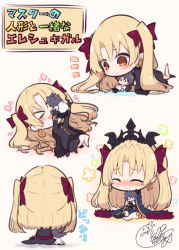 Rule 34 | &gt; &lt;, 1girl, :d, ^ ^, barefoot, beni shake, black cape, black dress, black thighhighs, blonde hair, blue cape, blush, bow, brown eyes, cape, character doll, chibi, closed eyes, closed mouth, doll, dress, earrings, ereshkigal (fate), ereshkigal (third ascension) (fate), fate/grand order, fate (series), fujimaru ritsuka (male), fur-trimmed cape, fur-trimmed sleeves, fur trim, hair bow, holding, holding doll, hugging object, infinity symbol, jewelry, long hair, long sleeves, lying, multiple views, no shoes, nose blush, notice lines, on back, on stomach, open mouth, outstretched arms, purple bow, signature, single thighhigh, sitting, sleeves past wrists, smile, thighhighs, tiara, translation request, two side up, very long hair, xd