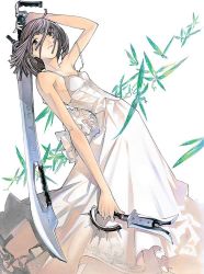 Rule 34 | 1girl, arched back, arm up, bare shoulders, blade, dress, dual wielding, embroidery, fairy, female focus, flat chest, frills, frown, grey eyes, handle, holding, leaning, lipstick, looking at viewer, makeup, mawari madoka, no bra, oogure ito, short hair, silver hair, simple background, solo, spikes, strap slip, sword, tenjou tenge, weapon