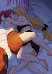 Rule 34 | 2girls, absurdres, barefoot, bed, blush, bow, bra, breasts, unworn clothes, couple, closed eyes, fate testarossa, hair bow, hair ornament, hand on another&#039;s back, highres, hug, kiss, lyrical nanoha, mahou shoujo lyrical nanoha strikers, midriff, multiple girls, on bed, pillow, ponytail, signum, topless, underwear, yuri