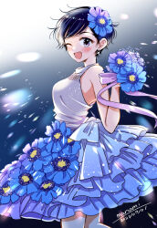 Rule 34 | 1girl, ;d, artist name, bare arms, bare shoulders, blue dress, blue eyes, blue flower, blue hair, blurry, blush, bouquet, breasts, commentary request, dated, dress, earrings, flower, frilled dress, frills, glint, gradient background, hair flower, hair ornament, happy, himawari-san, holding, holding bouquet, jewelry, kazamatsuri fuuko, light particles, looking at viewer, medium breasts, one eye closed, open mouth, purple ribbon, ribbon, short hair, signature, simple background, sleeveless, sleeveless dress, smile, solo, standing, sugano manami