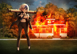 Rule 34 | 1girl, absurdres, bad id, bad pixiv id, black footwear, black jacket, black pants, blue eyes, blue hair, blue necktie, blue sky, breasts, building, burning, burning building, cloud, cloudy sky, collared shirt, commission, day, dress shirt, fire, formal, grass, grin, gun, hand up, heterochromia, highres, holding, holding gun, holding weapon, jacket, long sleeves, looking at viewer, mamel 27, medium breasts, multicolored hair, musical note earrings, necktie, off shoulder, open clothes, open jacket, original, outdoors, pant suit, pants, red eyes, rocket launcher, shirt, shoes, sky, sleeves past wrists, smile, solo, suit, treble clef, tree, two-tone hair, weapon, white hair, white shirt