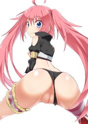 Rule 34 | 1girl, ahoge, anus, ass, blue eyes, blush, censored, clothing aside, highres, long hair, looking back, midriff, milim nava, pink hair, pussy, shiny skin, solo, tagme, tensei shitara slime datta ken, twintails, yuto (dialique)