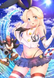 Rule 34 | 1boy, 1girl, :o, black panties, blonde hair, blue eyes, blue sky, blush, cloud, cosplay, crop top, elbow gloves, furry, furry male, gloves, gun, highleg, highleg panties, holding, holding gun, holding weapon, innertube, kantai collection, light blush, long hair, looking at viewer, maria robotnik, miniskirt, navel, open mouth, panties, red eyes, shadow the hedgehog, shimakaze (kancolle), shimakaze (kancolle) (cosplay), skindentation, skirt, sky, sonic (series), striped clothes, striped thighhighs, sun, swim ring, thighhighs, thighs, tondamanuke, underwear, water, weapon, weapon request, white gloves