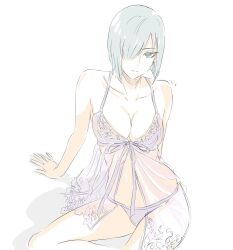 Rule 34 | 1girl, bare shoulders, breasts, cleavage, collarbone, colored eyelashes, fiona frost, grey eyes, grey hair, hair over one eye, highres, large breasts, looking at viewer, mitsugu, muted color, pink negligee, short hair, simple background, sitting, solo, spy x family, underwear, white background