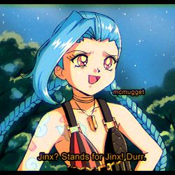 Rule 34 | 1990s (style), 1girl, :d, arcane: league of legends, artist name, asymmetrical bangs, bandaid, bandaid on arm, bare arms, bare shoulders, blue hair, braid, bullet, collarbone, commentary, english commentary, english text, flat chest, jewelry, jinx (league of legends), league of legends, long hair, mcmugget, necklace, night, open mouth, outdoors, pink eyes, retro artstyle, smile, solo, subtitled, tree, twin braids, upper body