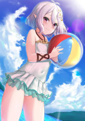 Rule 34 | 1girl, absurdres, antenna hair, aqua one-piece swimsuit, ball, bare shoulders, beachball, blue sky, blush, casual one-piece swimsuit, closed mouth, cloud, commentary request, covered navel, cowboy shot, day, elf, flower, hair between eyes, hair flower, hair ornament, halterneck, highres, holding, holding ball, kokkoro (princess connect!), kokkoro (summer) (princess connect!), lens flare, light rays, looking at viewer, one-piece swimsuit, outdoors, pointy ears, princess connect!, purple eyes, rama (yu-light8), short hair, silver hair, skin tight, sky, smile, solo, sunbeam, sunlight, swimsuit, swimsuit skirt, thighs, water, white flower