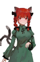 Rule 34 | 1girl, animal ears, braid, cat ears, cat tail, closed mouth, dress, extra ears, green dress, highres, kaenbyou rin, long sleeves, looking at viewer, medium hair, multiple tails, nekomata, no lineart, red eyes, red hair, red nails, reddizen, short sleeves, side braids, simple background, smile, solo, tail, touhou, twin braids, two tails, white background